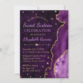 Lila & Guld Glitter Agat och marmor Sweet 16  Inbjudningar