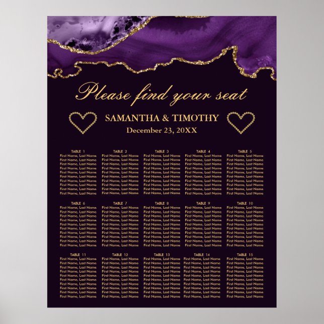Lila & Guld Glitter Agate Bröllopsställningskarta Poster (Framsidan)