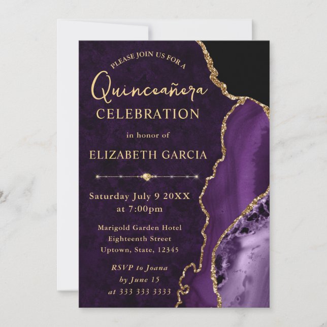 Lila & Guld Glitter Agate och marmor Quinceanera Inbjudningar (Framsida)