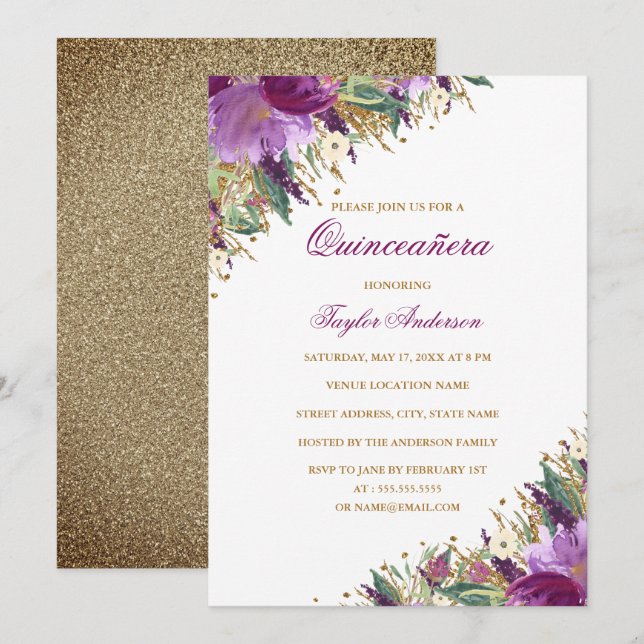 Lila Guld Glitter Amethyst Blommigt Quinceanera Inbjudningar (Fram/baksida)