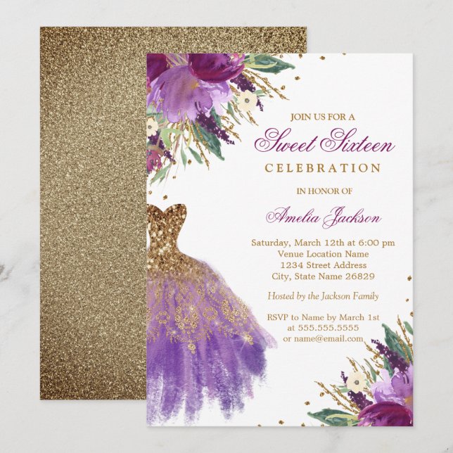 Lila Guld Glitter Amethyst Dress Sweet sixteen Inbjudningar (Fram/baksida)