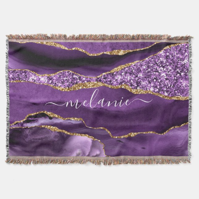 Lila Guld Glitter Anpassad Namn Kastfilt Blanket Filt (Framsidan)