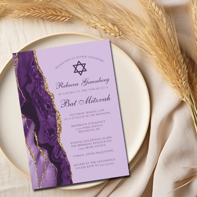 Lila Guld Glitter Bat Mitzvah-fest Inbjudningar (Skapare uppladdad)