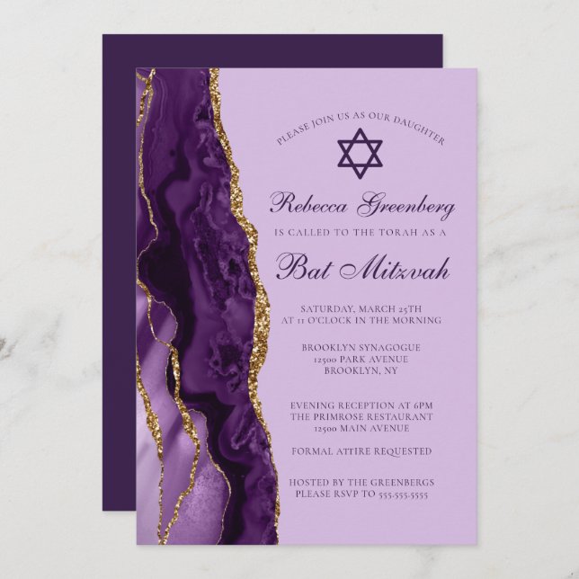 Lila Guld Glitter Bat Mitzvah-fest Inbjudningar (Fram/baksida)