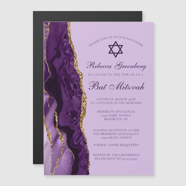 Lila Guld Glitter Bat Mitzvah-firande Magnetisk Inbjudningskort (Fram/baksida)
