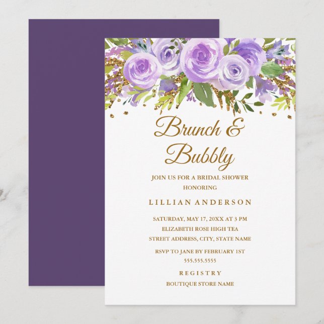 Lila Guld Glitter Blommig Ros Brunch Och Bubbly Inbjudningar (Fram/baksida)