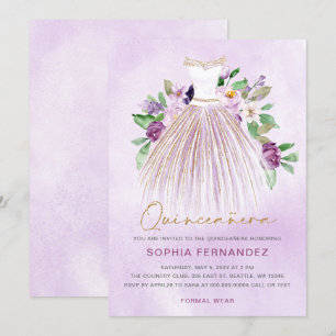 Lila guld glitter Blommigt Dress Quinceañera Inbjudningar