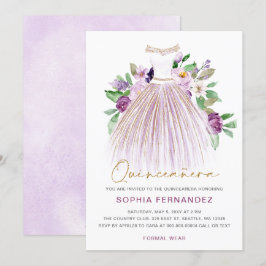 Lila guld glitter Blommigt Dress Quinceañera Inbjudningar