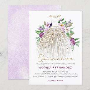Lila guld glitter Blommigt Dress Quinceañera Inbjudningar
