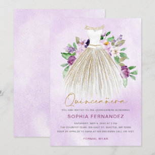 Lila guld glitter Blommigt Dress Quinceañera Inbjudningar