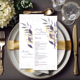 Lila Guld Glitter Botaniska Bröllop Menu Meny
