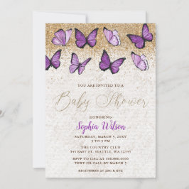 Lila Guld Glitter Butterfly Baby Shower Inbjudningar
