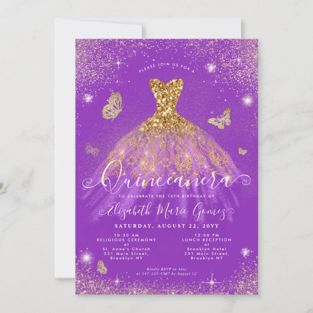 Lila Guld Glitter Butterfly Gown Quinceanera Inbjudningar (Framsida)
