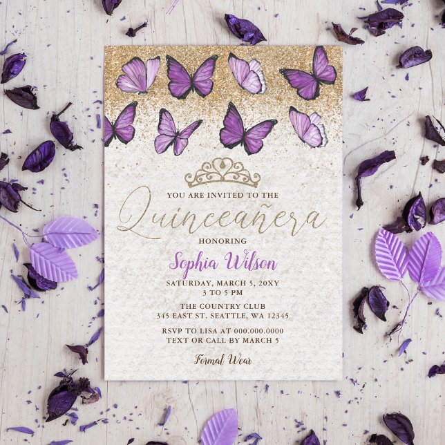 Lila Guld Glitter Butterfly Quinceañera Inbjudningar (Purple Gold Glitter Butterfly Quinceañera Invitation )