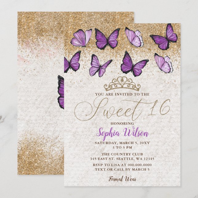 Lila Guld Glitter Butterfly Sweet 16 Inbjudningar (Fram/baksida)