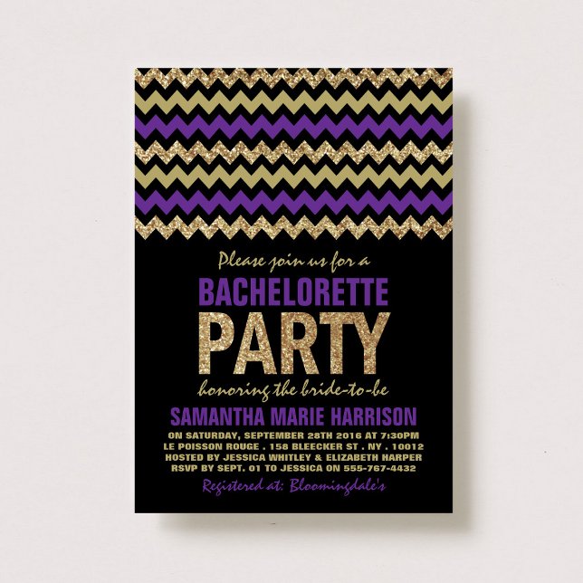 Lila & Guld Glitter Chevron Bachelorette Party Inbjudningar (Skapare uppladdad)