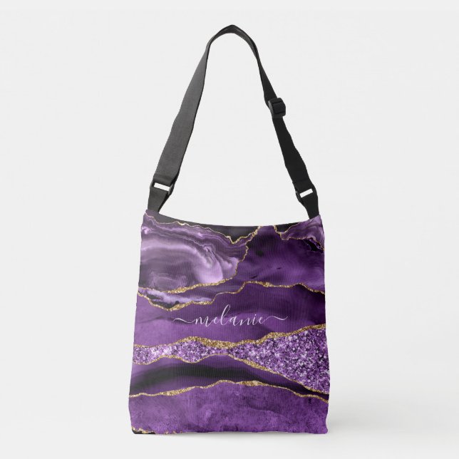 Lila Guld Glitter Crossbody Bag med eget namn Axelväska (Framsida)