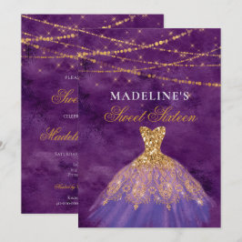 Lila/Guld Glitter Dress Sweet 16-inbjudan Inbjudningar