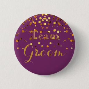 Lila Guld Glitter Faux Foil Bröllop Team Groom Knapp