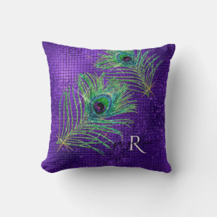 Lila Guld Glitter Girly Modern peacock Fjädrar Kudde