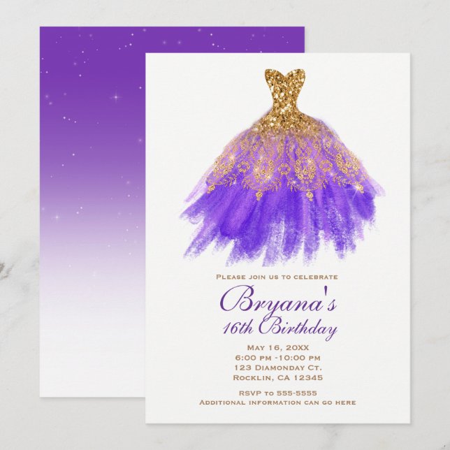 Lila & Guld Glitter Glam Klänning Söt 16 Födelseda Inbjudningar (Fram/baksida)
