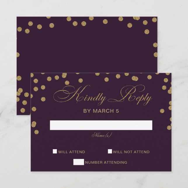 Lila Guld Glitter Konfetti Elegant bröllop OSA Kort (Fram/baksida)