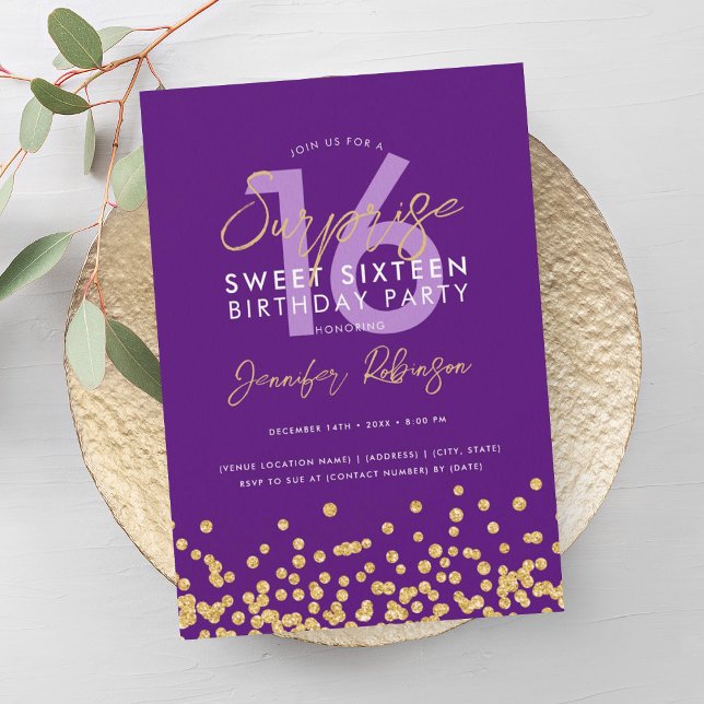 Lila Guld Glitter Konfetti Surprise Sweet 16 Inbjudningar (Purple Gold Glitter Confetti Surprise Sweet 16 Invitation)