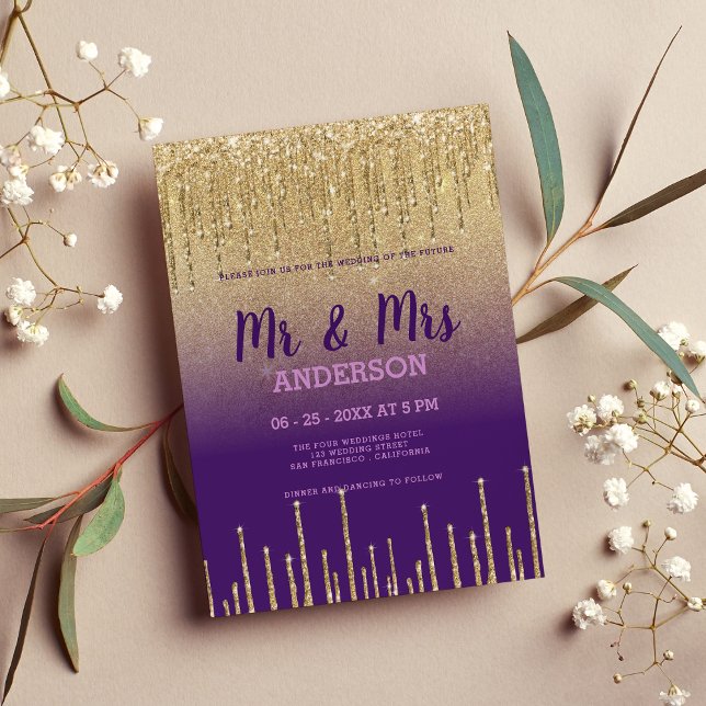 Lila guld glitter kör skript MR. MRS. bröllop Inbjudningar (Purple gold glitter drips script MR MRS wedding )