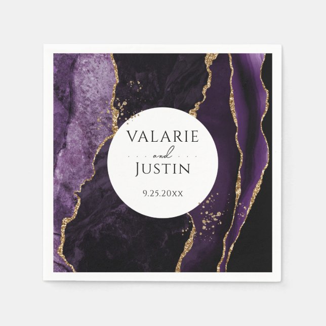 Lila Guld Glitter Marble Bröllop Napkins Pappersservett (Framsidan)