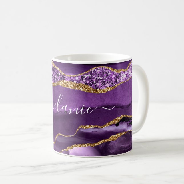 Lila Guld Glitter Marble Custom Name Coffee Mugg (Framsida höger)