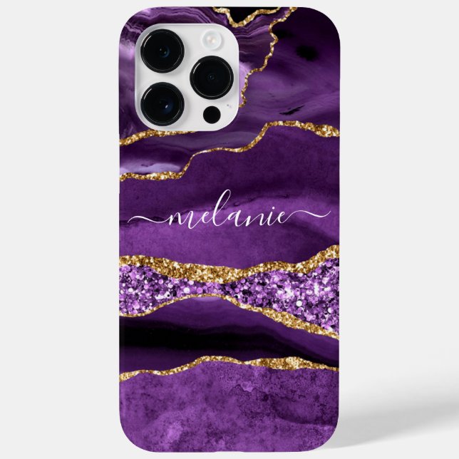Lila Guld Glitter Marble Custom Name iphone case (Baksida)