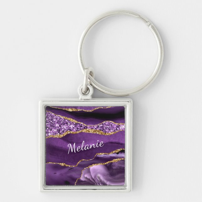 Lila Guld Glitter Marble Your Name Keychain Gift Fyrkantig Silverfärgad Nyckelring (Framsidan)