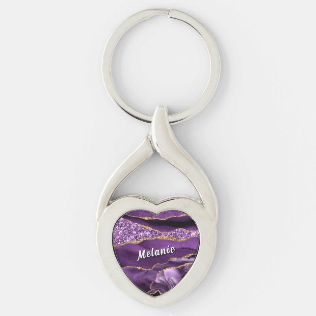Lila Guld Glitter Nyckelring Present Personlig Nam (Framsidan)