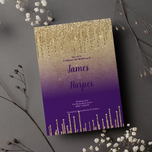 Lila guld glitter ombre-droppskript Bröllop Inbjudningar (Purple gold glitter ombre drips script Wedding)