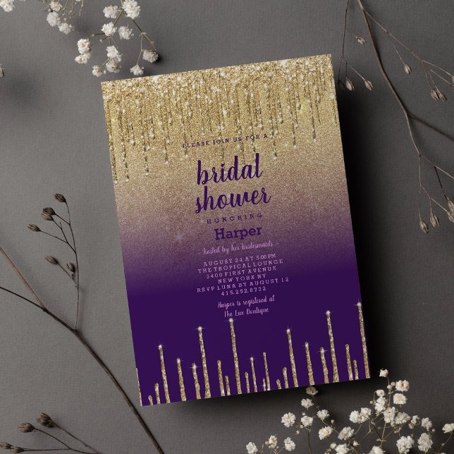 Lila guld glitter ombre-Möhippa för droppstift Inbjudningar (Purple gold glitter ombre drip scrip Bridal Shower)