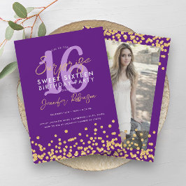 Lila Guld Glitter Photo Surprise Sweet 16 Inbjudningar