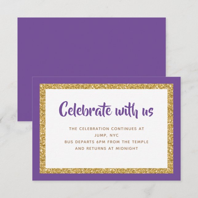 Lila & Guld Glitter Pub Mitzvah-kort Inbjudningar (Fram/baksida)