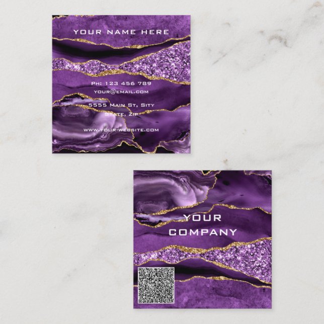Lila Guld Glitter QR-kod Affärs-kort Exempel Fyrkantigt Visitkort (Fram/baksida)