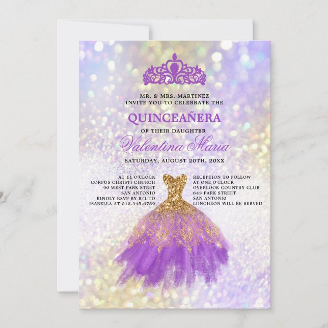 Lila Guld Glitter Quinceaneara Party Inbjudningar (Framsida)
