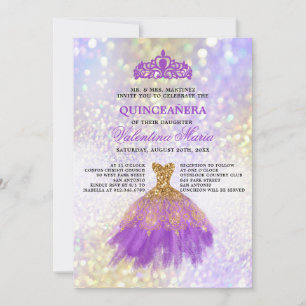 Lila Guld Glitter Quinceaneara Party Inbjudningar