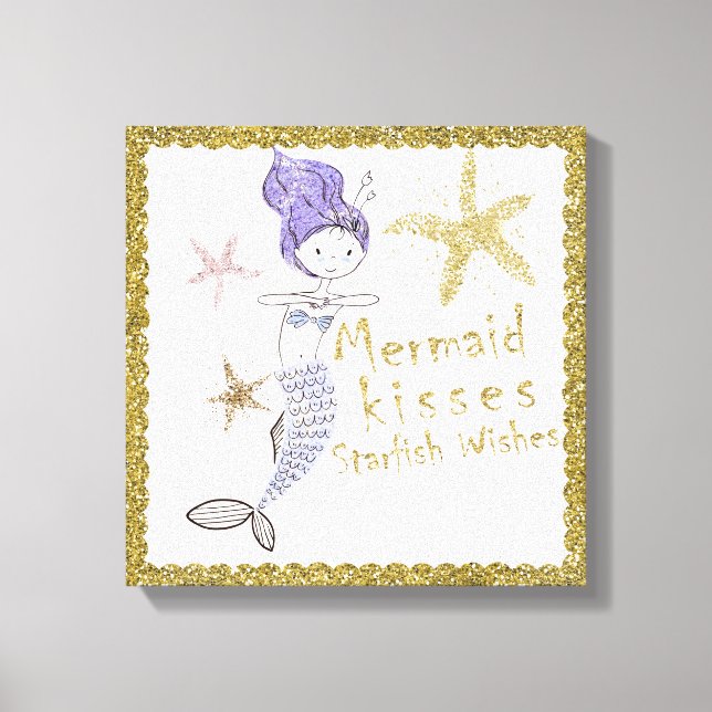 Lila Guld Glitter Sjöjungfru Önskemål Starfish Kis Canvastryck (Framsida)