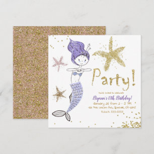 Lila & Guld Glitter Sjömermaid Födelsedagsfest Inbjudningar