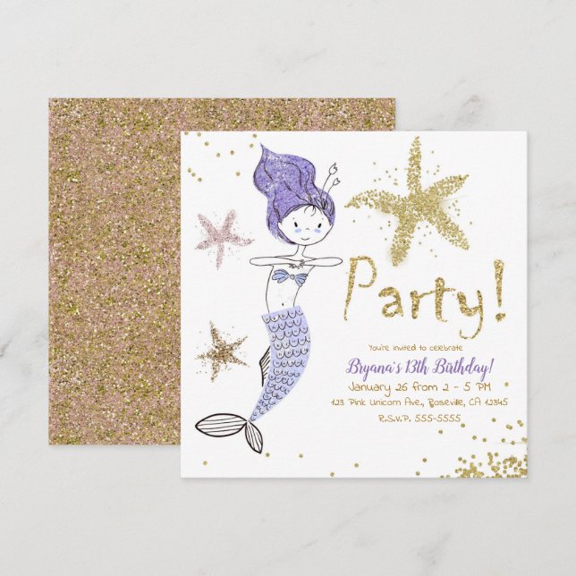 Lila & Guld Glitter Sjömermaid Födelsedagsfest Inbjudningar (Fram/baksida)