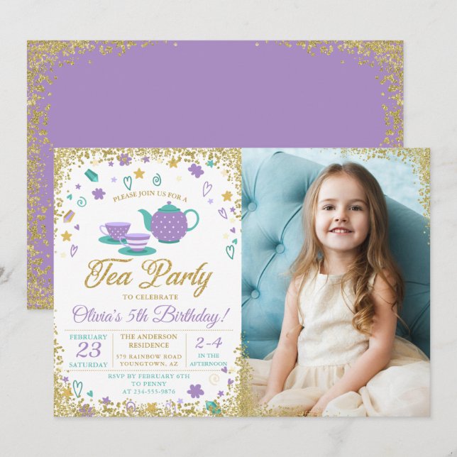 Lila Guld Glitter Tea Party Girls Birthday Photo Inbjudningar (Fram/baksida)