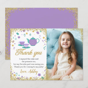 Lila Guld Glitter Tea Party Girls Birthday Photo Tack Kort