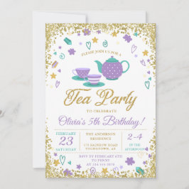 Lila Guld Glitter Tea Party Girls födelsedag Inbjudningar