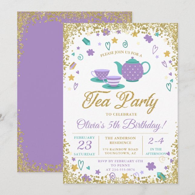 Lila Guld Glitter Tea Party Girls födelsedag Inbjudningar (Fram/baksida)