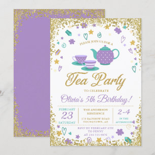 Lila Guld Glitter Tea Party Girls födelsedag Inbjudningar