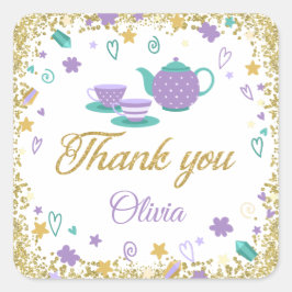 Lila Guld Glitter Tea Party Tack Fyrkantigt Klistermärke