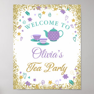 Lila Guld Glitter Tea Party välkomstskylt Poster